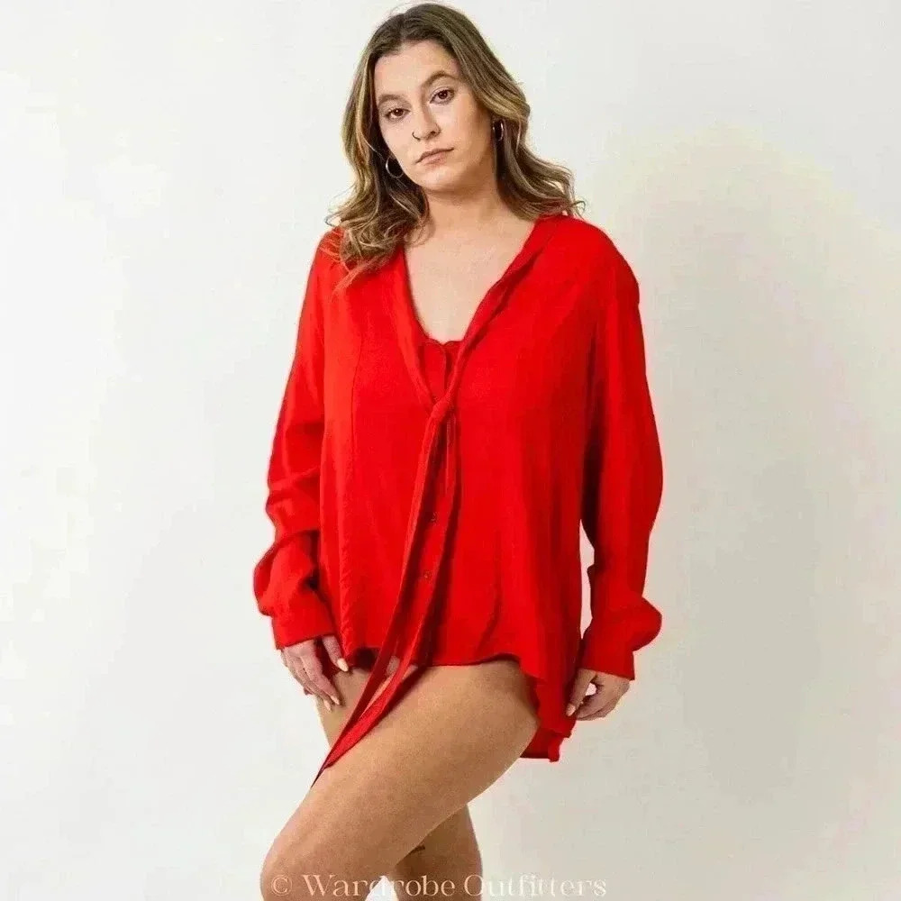 Maeve by Anthropologie Tie Front Red Long Sleeve Blouse - Picture 6 of 11